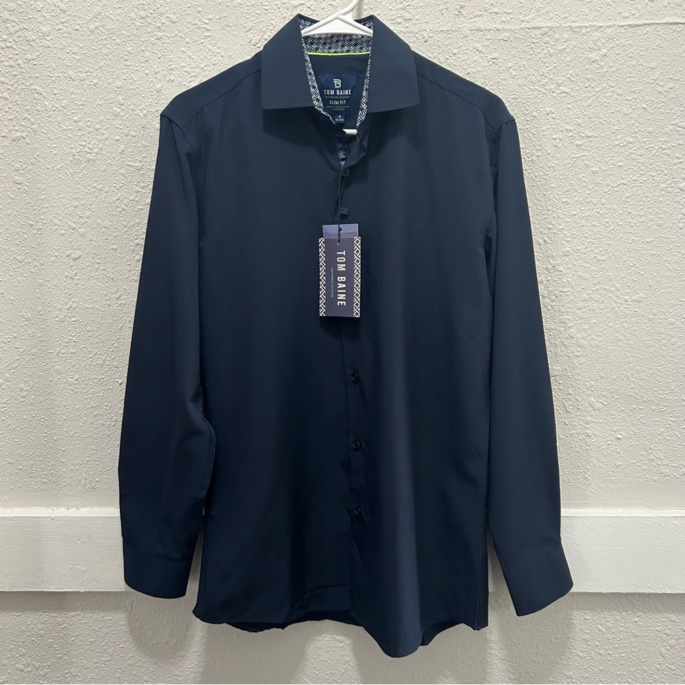 Tom Baine Navy Slim Fit 4-Way Stretch Wrinkle Free Button Down Top NWT Small